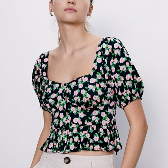 NWT Zara Floral Print Button Front Puff Sleeves Ruffle Peplum Crop Top Size XS - Picture 3 of 16